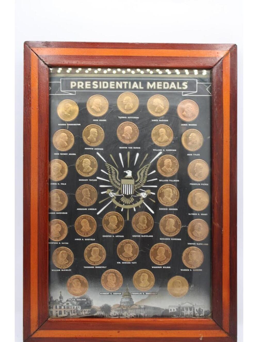 Vintage Lot of 33 Presidential Medals Coin 1" Collection Display in Wooden Frame